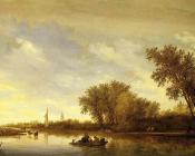萨洛蒙 凡 雷斯达尔 : A River Landscape with Boats and Chateau